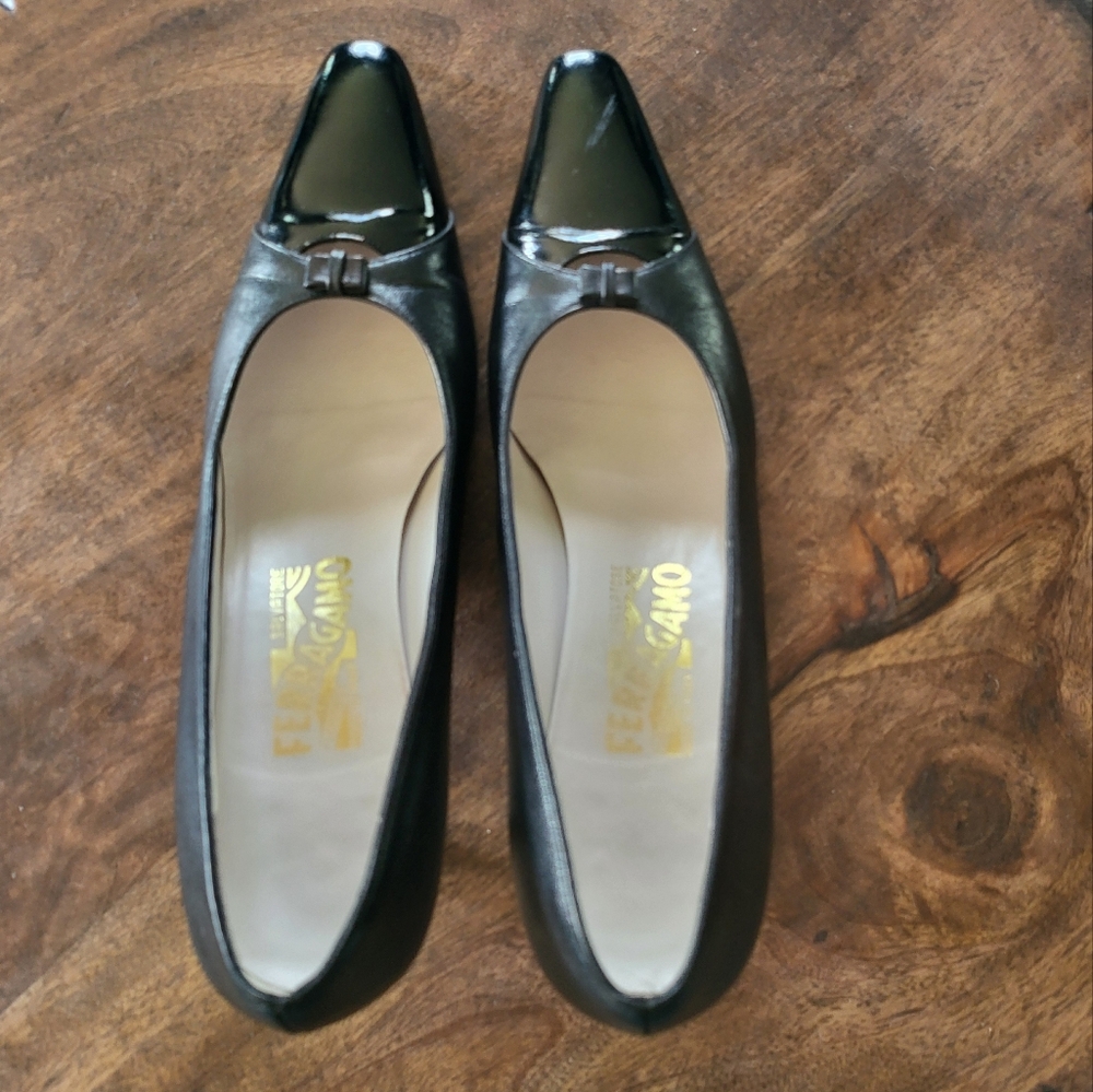 Salvatore Ferragamo Black Patent Pointed Toe Flats with Bow Trim